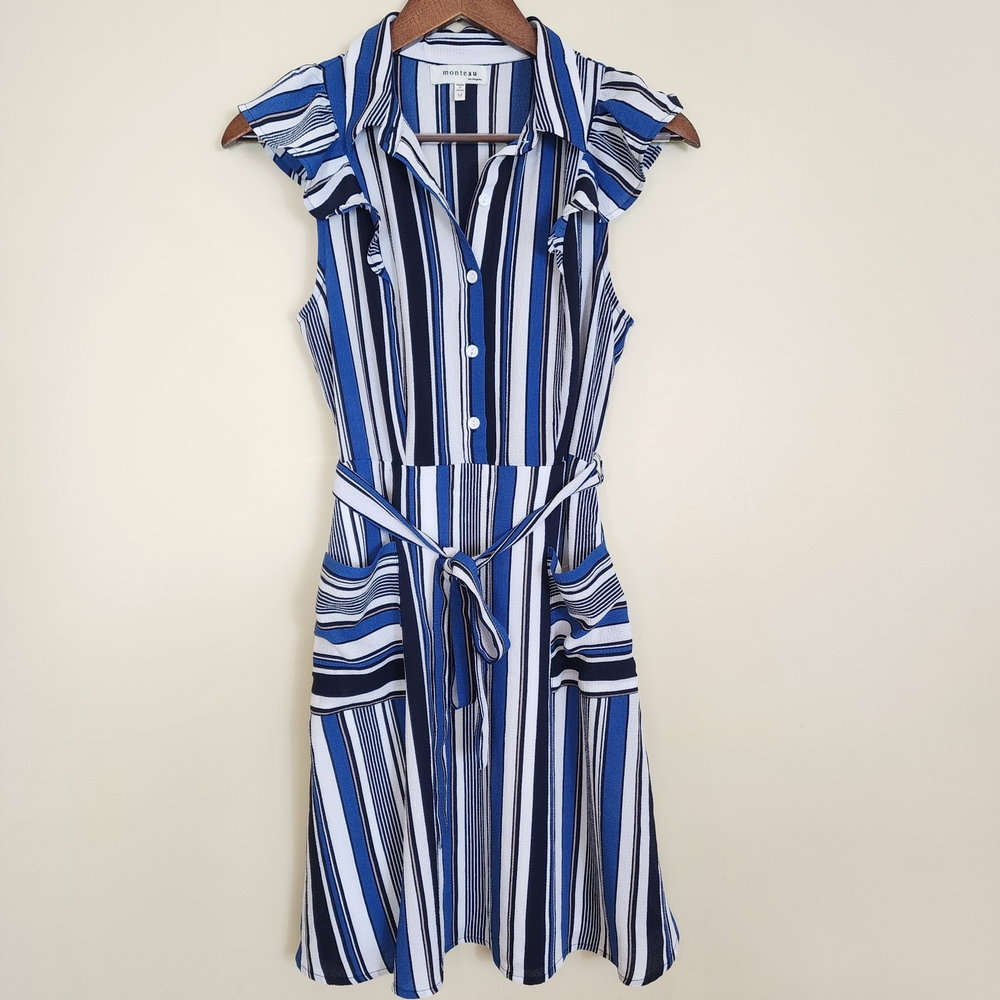 Monteau Blue White Striped Sleeveless Mini Dress Flutter Sleeves Belted Medium